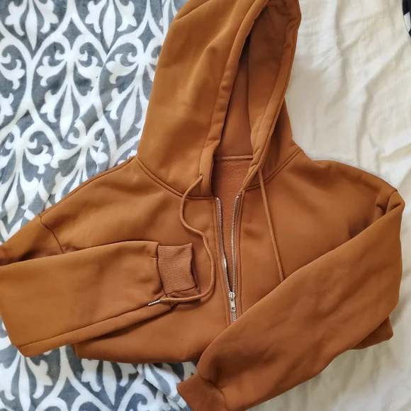 Cozy Gingerbread colored bomber jacket style hoodie with zip up and pockets M - Picture 6 of 7